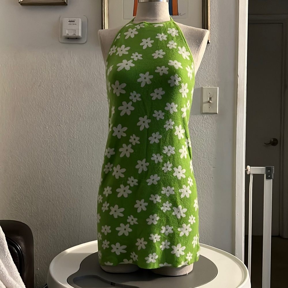 Green floral, knitted mini dress.